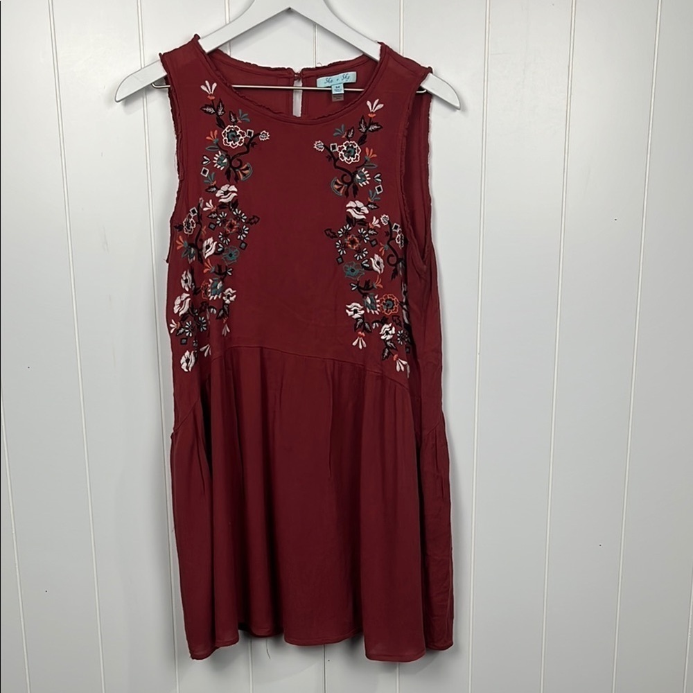 She & Sky Womens Tunic/Mini M Terra Cotta Pullover Sleeveless Embroidery Cotton